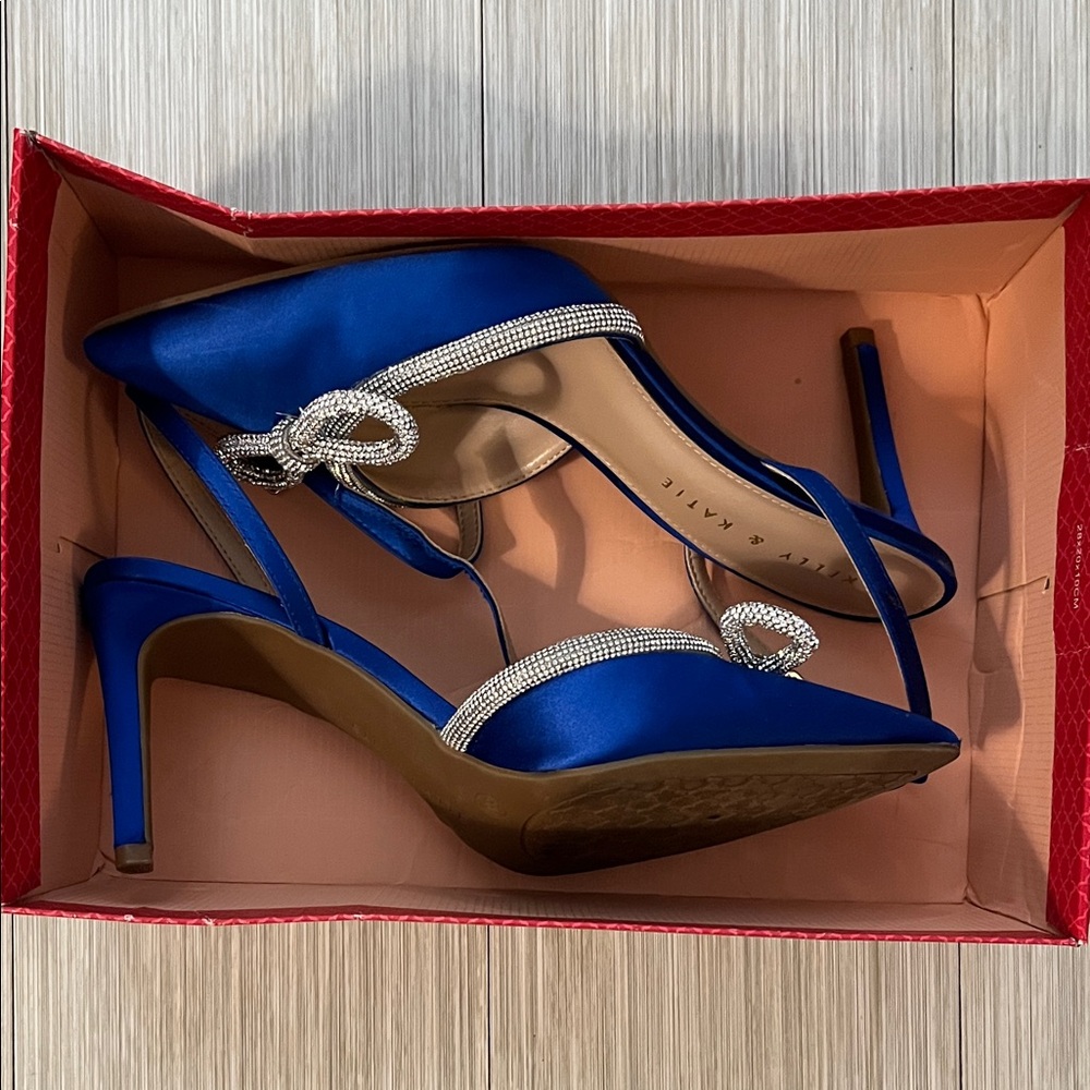 Kelly & Katie Blue Satin Heels with Rhinestone bows